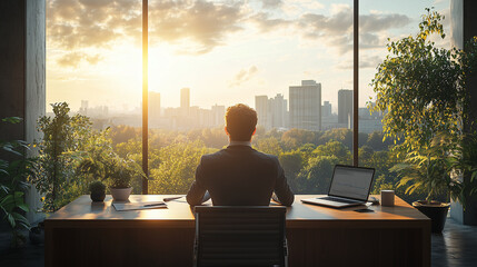 A professional analyst sits in a clean, modern office with a large window behind him, looking over reports and charts. His desk is minimalist, with only a laptop and a cup of coffe
