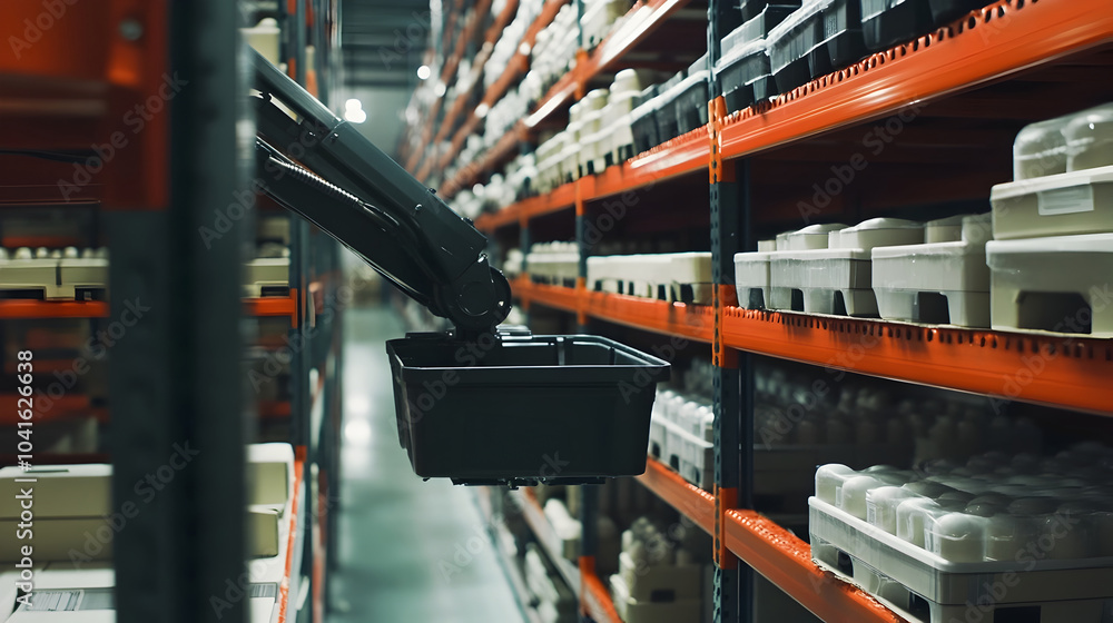 Aufkleber advanced warehouse automation with robotic arm picking from shelves for efficient supply chain