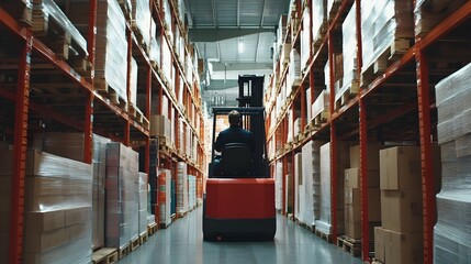 Forklift Operator Efficiently Transporting Goods in Organized Warehouse