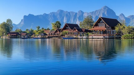 Fototapeta premium Serene Lakeside Homes with Mountain Background