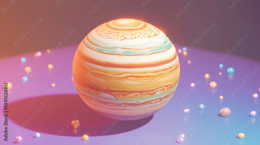 Poster cartoon rendering in 3d of a sphere representing the planet jupiter showcasing exploration and exped