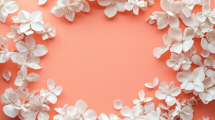 White jasmine flowers arranged on a pastel pink background