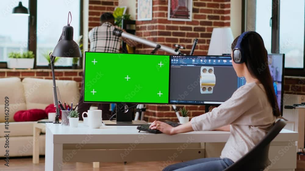 Poster asian freelancer developer working with headphones and chroma key screen, creating a new prototype f