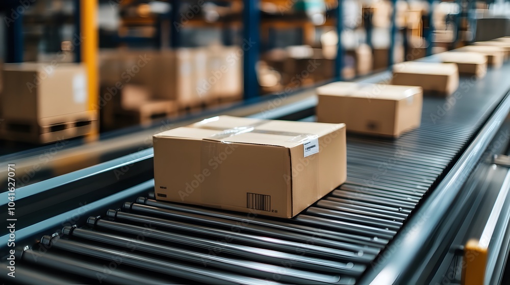 Poster modern warehouse automation with efficient conveyor belt system and flowing packages