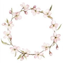 Fototapeta premium a round garland with light pink cherry blossoms, the flowers have five petals and the candles are tapered, thin at the tips, the petals are pointed, it has very few soft, muted green leaves