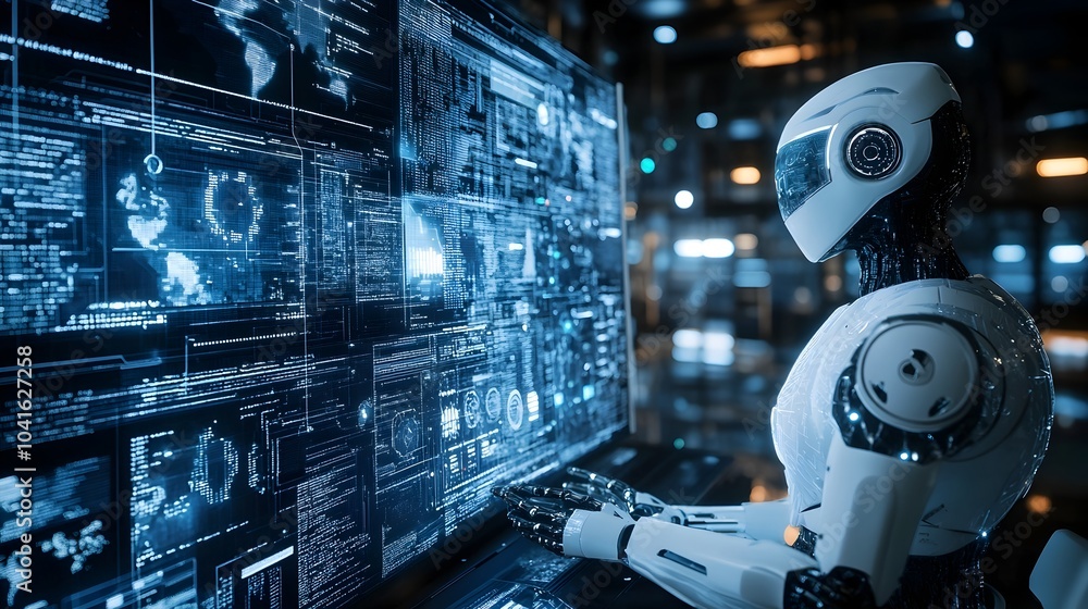 Poster futuristic humanoid robot interacting with digital interfaces at workstation