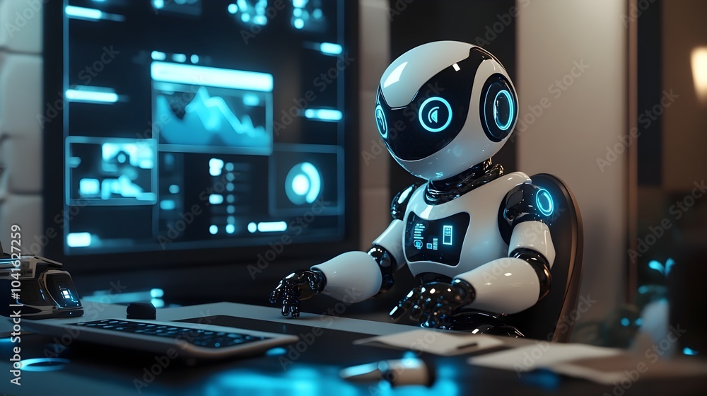 Aufkleber futuristic humanoid robot interacting with digital interfaces at a workspace