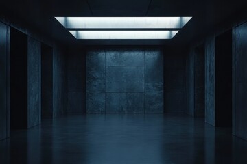 Dark Minimalist Elevator Interior with Blue Lighting
