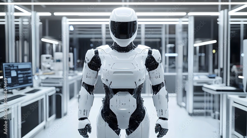 Poster sleek humanoid robot standing in futuristic tech lab