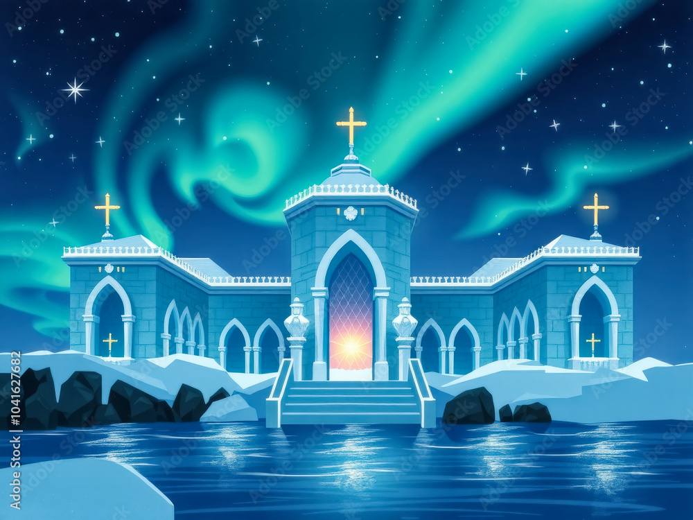 Wall mural a beautiful blue building with a large archway and a cross on top. the building is surrounded by wat