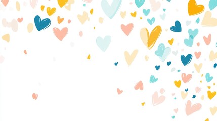 Colorful Hearts In Yellow Orange Pink Blue And Teal Flying On A White Background Space For Text Cartoon Doodle Hearts Ai Generated
