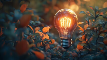 3D Rendering of Glowing Light Bulb with Green Plants, green background and Orange Leaves, Energy Innovation Concept.