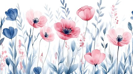 Watercolor Floral Field with Pink and Blue Flowers