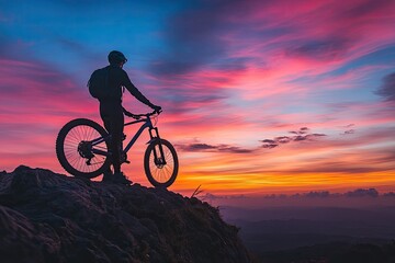 Naklejka premium Silhouette of a cyclist at sunset. This image is perfect for representing adventure, freedom, and outdoor activities.