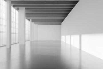 Blank white wall in gallery with concrete floor. 3d render 