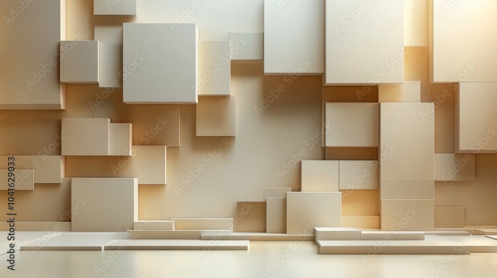 Poster Light-colored geometric shapes are arranged on a textured wall, creating a visually striking abstract design in a well-lit indoor environment.