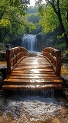 Obraz premium Wooden pathway through forest with autumn leaves and lakes