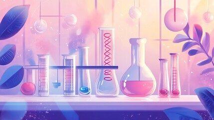 Science laboratory with abstract geometric background featuring DNA molecules, test tubes, and flasks. Illustrative representation of a medical, chemical, or biology lab in a school setting. 