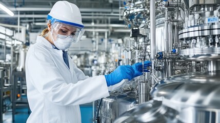 Technician in a biofuel plant, monitoring the distillation process while wearing a safety helmet and goggles.