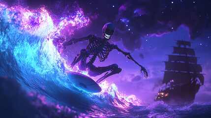 Fototapeta premium skeletal figure with a toothy grin surfs 