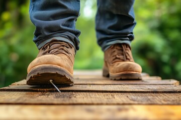 Careless worker stepping on nail in wooden plank outdoors, closeup 