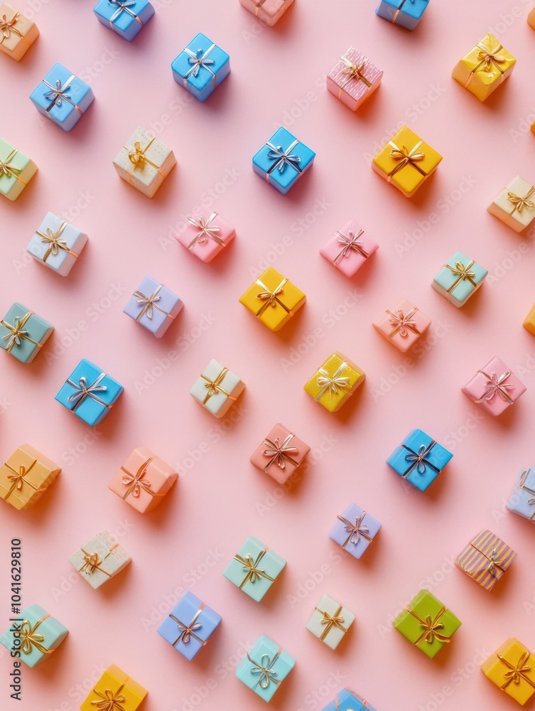 Poster an array of colorful gift boxes in different sizes is elegantly displayed against a pink surface, pe