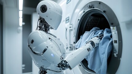 Fototapeta premium White Humanoid Robot Performing Laundry Chore in Automated Household