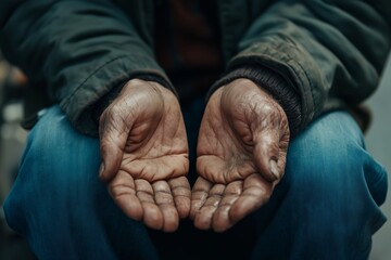 Fototapeta premium Close up hands of older homeless dirty poor beggar man waiting to help from donor. He so hungry, unhappy, have not money and feel lonely.