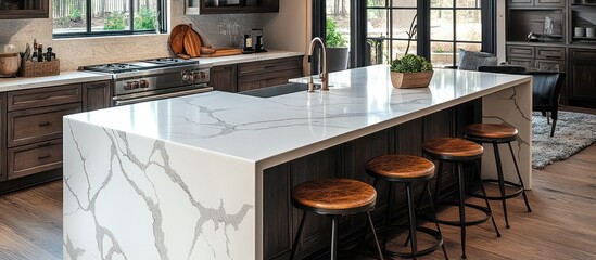 White kitchen island with gray veins in countertop and four stools, modern kitchen.