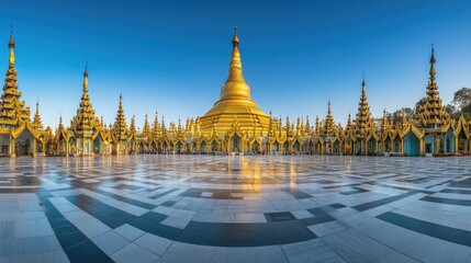 Naklejka premium Golden Stupa and Pagodas Under Clear Blue Sky