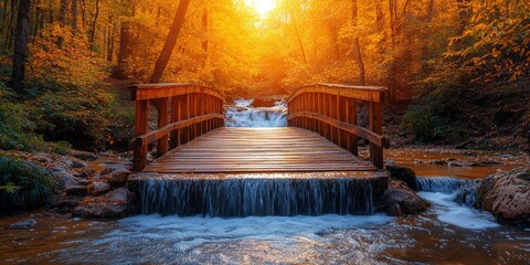Fototapeta premium Wooden pathway through forest with autumn leaves and lakes