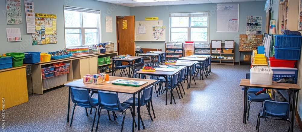 Poster an empty classroom with small tables and chairs, colorful storage bins, and windows with natural lig