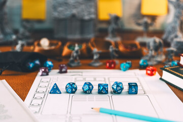Blue dice place for adventure story TTRPG role playing tabletop game and board game hobby