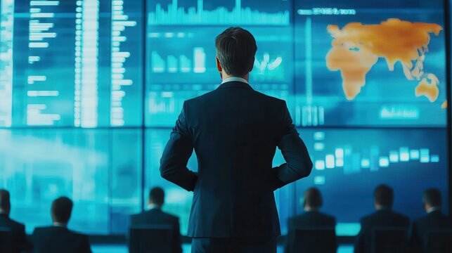 A business leader standing confidently in front of a digital presentation screen in a modern conference hall delivering insights to an audience of attentive professionals