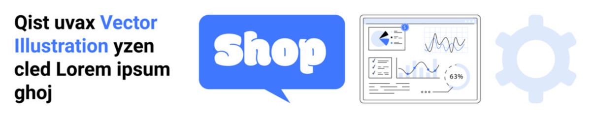 Digital elements including a speech bubble with the text Shop and a dashboard with graphs, charts, and analytics icons. Ideal for online shopping, e-commerce, digital marketing, data analysis