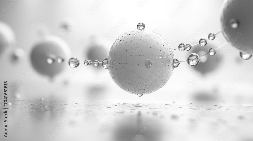 Poster droplets decorate white spherical shapes on a reflective surface, showcasing a minimalist design tha