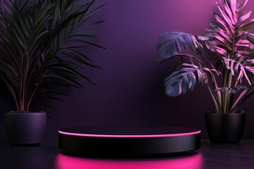 Obraz premium Empty round black podium platform mockup for product or cosmetics presentation. Round empty platform podium with glowing neon lighting. 
