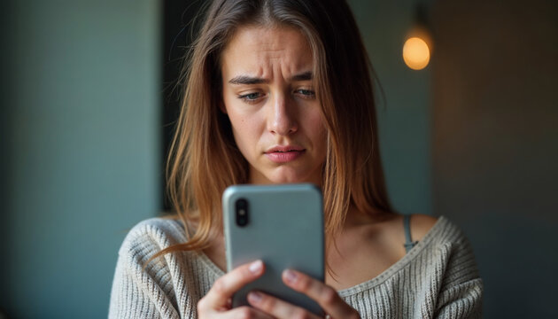 Close up young woman looks at smartphone screen with distressed expression, cover her mouth with hand, read alarming news on phone, feel unhappy, scared. Financial setback, phishing, awful information