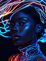 Vibrant Avant-Garde Portrait of a Model in Neon Lights and Glitter