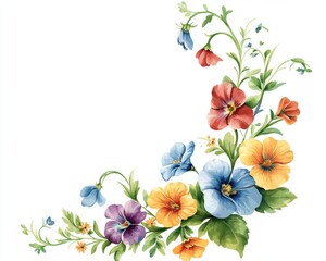 Obraz premium Watercolor floral corner decoration with flowers and leaves