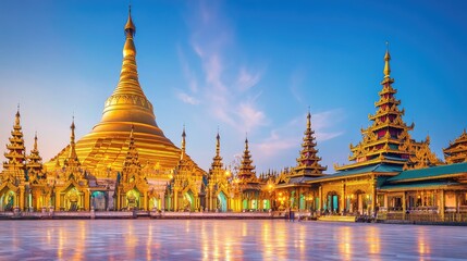 Naklejka premium Stunning Golden Pagoda at Sunrise in Myanmar