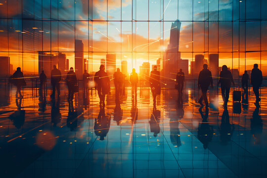 An abstract concept, a blurred image of business people crowd walking at the corporate office in the city downtown, blurred background, business center concept.