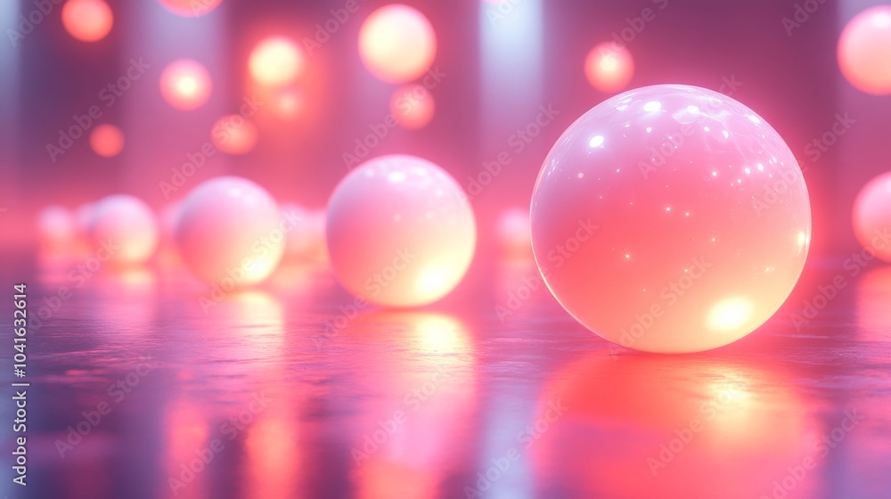 Poster in a dimly lit area, glowing spheres in shades of pink and purple are scattered on a reflective surf