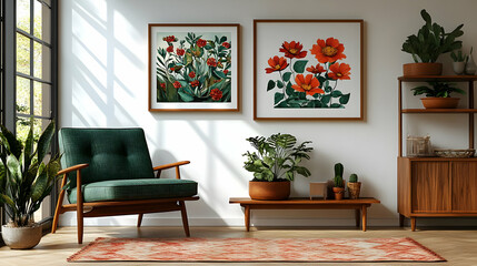 Mid-Century Modern Living Room Decor with Green Armchair and Floral Artwork