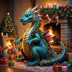 Fototapeta premium Cute baby dragon curiously examining Christmas present by fireplace