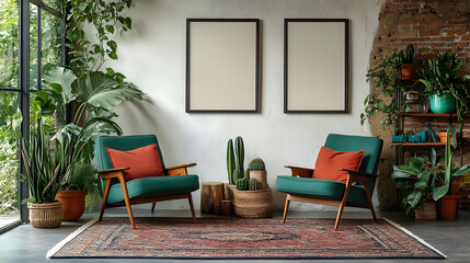 Living Room Decor with Green Chairs, Plants, and a Rug