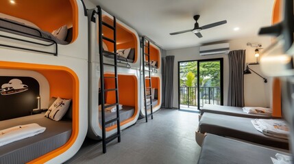 A room with bunk beds and a fan. The room has a black and orange design