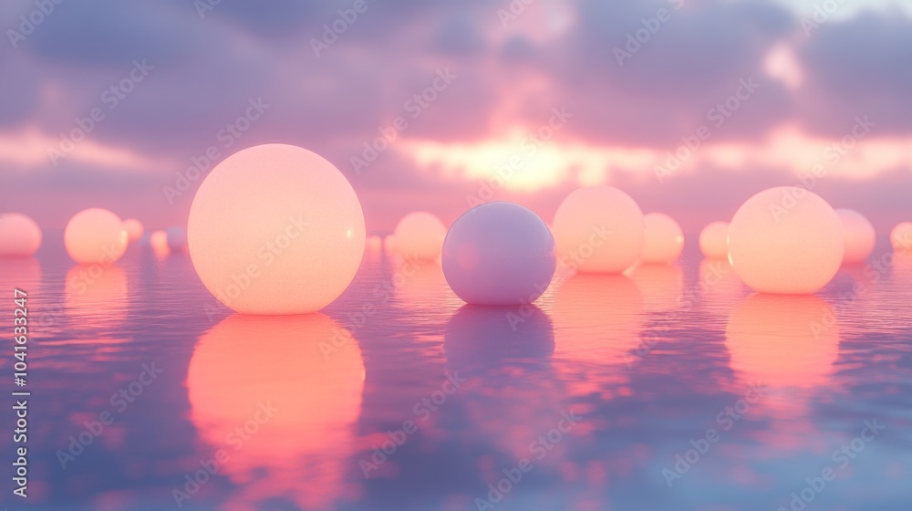 Poster Spheres of varying sizes float gently on still water as the sun sets, illuminating the scene with soft pastel colors that reflect upon the surface, evoking tranquility.