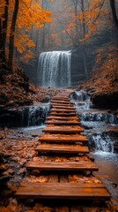 Scenic Wooden Bridge with Autumn Forest and Waterfall