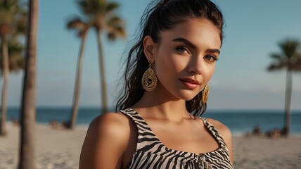 portrait of a woman on the beach, A woman in a zebra print dress and gold earrings poses on the beach, showcasing her radiant skin and confident beauty